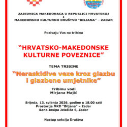 Pozivnica: Tribina “Hrvatsko-makedonske kulturne poveznice” u Zadru